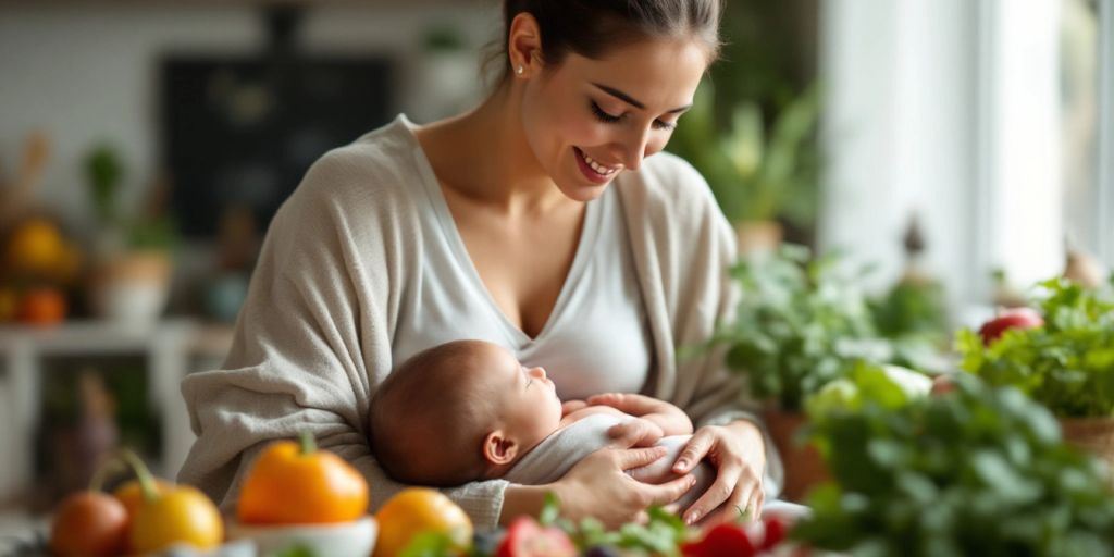Mother breastfeeding with healthy foods around her.
