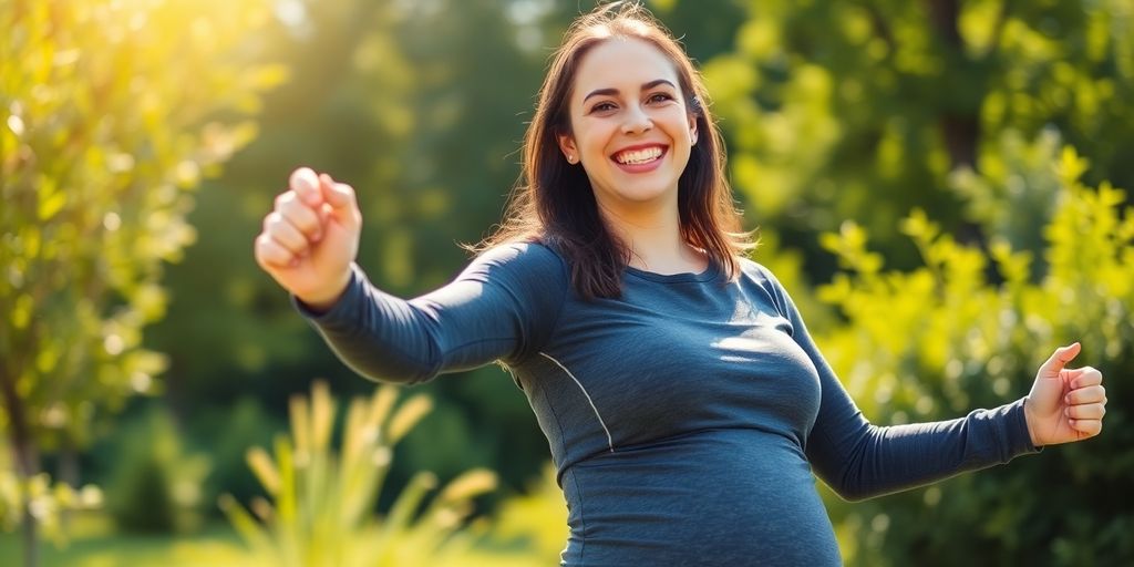 Postpartum woman exercising outdoors, radiating energy and vitality.