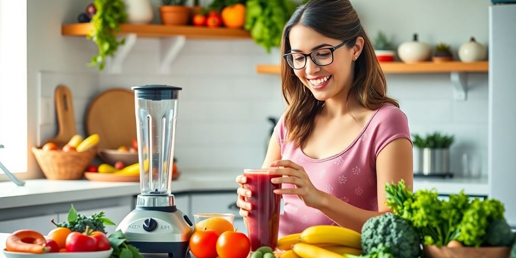 New mother preparing a healthy smoothie in the kitchen.