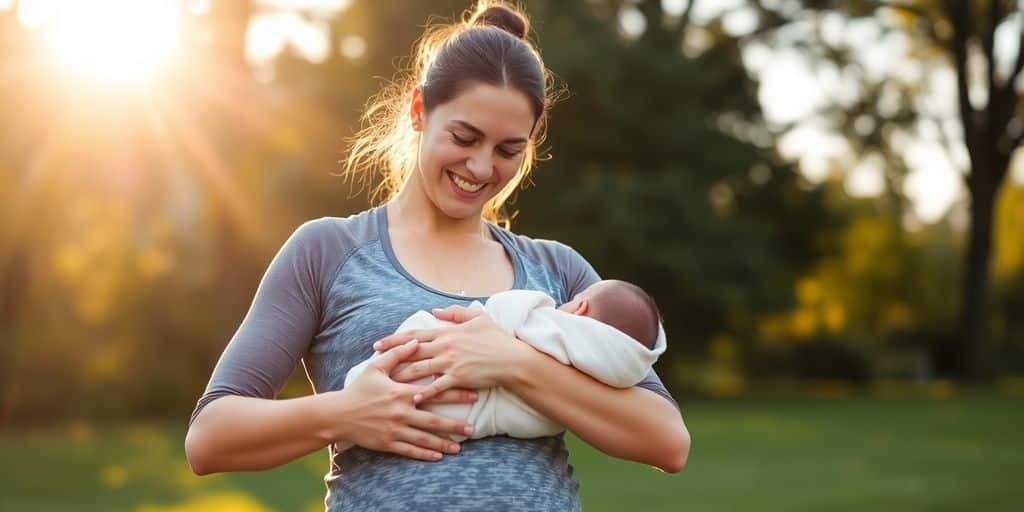 New mom exercising outdoors with her baby in sunlight.