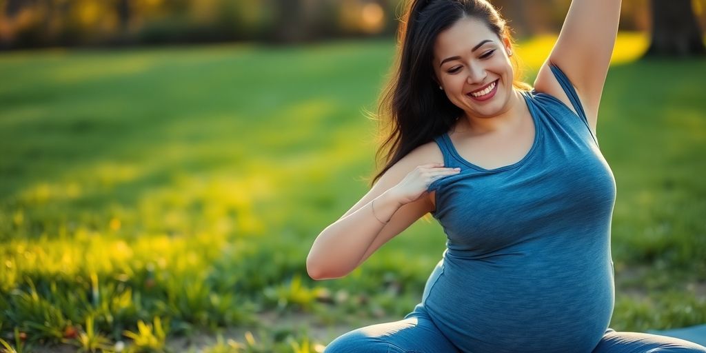 Postpartum woman doing yoga in a peaceful outdoor setting.