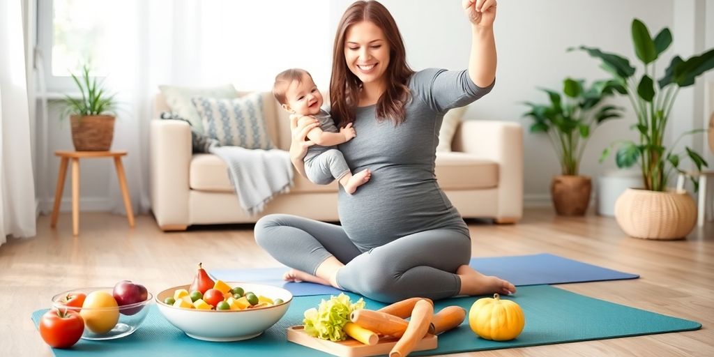 Mother exercising with baby, fresh fruits and yoga mat.
