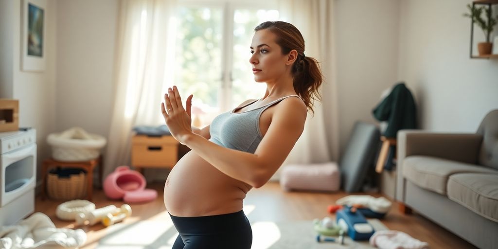 New mother exercising at home with baby items around.