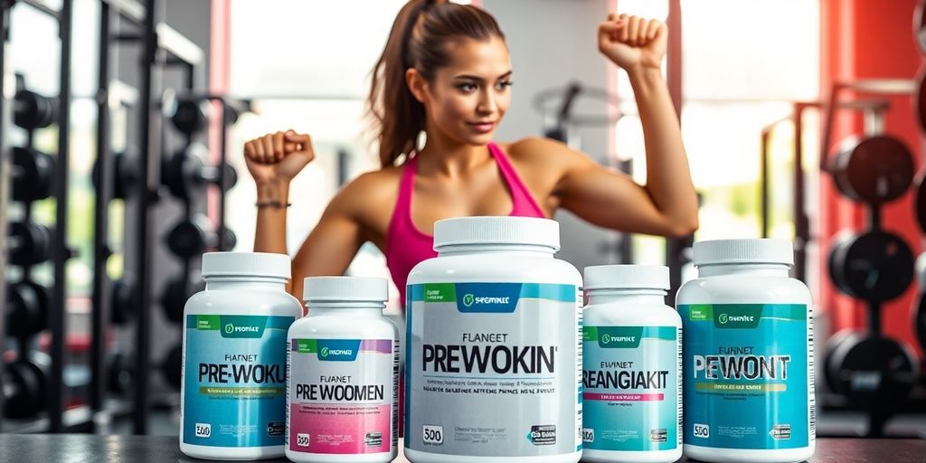 Woman exercising with pre workout supplements in gym setting.