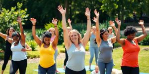 Moms exercising together in a sunny outdoor setting.