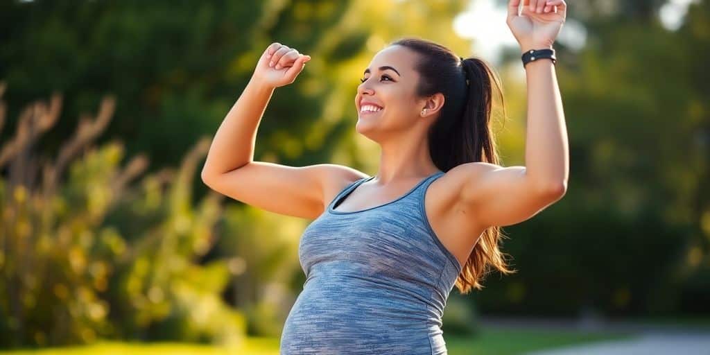 Pregnant woman exercising outdoors in athletic clothing.