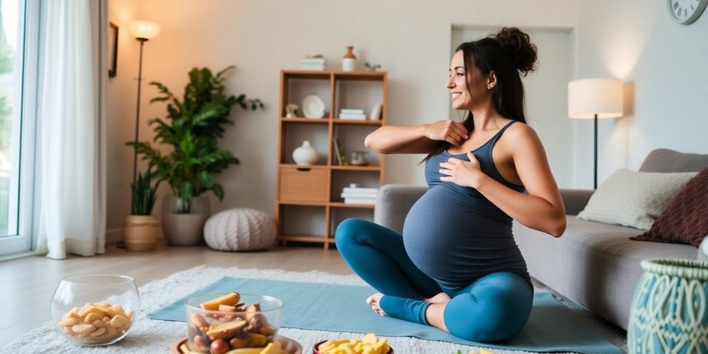 Mother exercising at home while breastfeeding her baby.