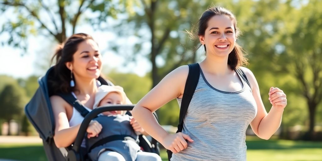 New mom exercising with baby in a stroller outdoors.