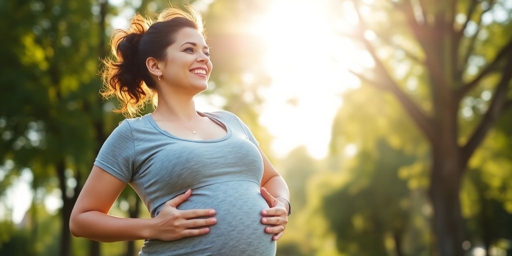 Postpartum mother exercising outdoors in a natural setting.