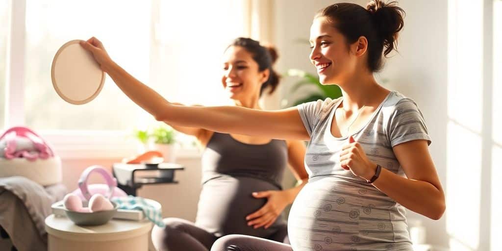 New mother exercising with baby items in bright sunlight.