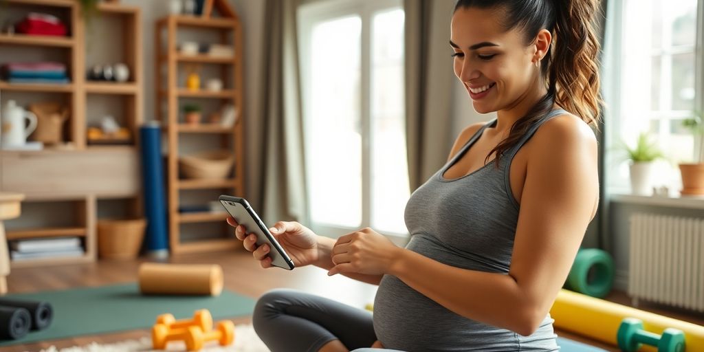 Mother using fitness app at home after childbirth.