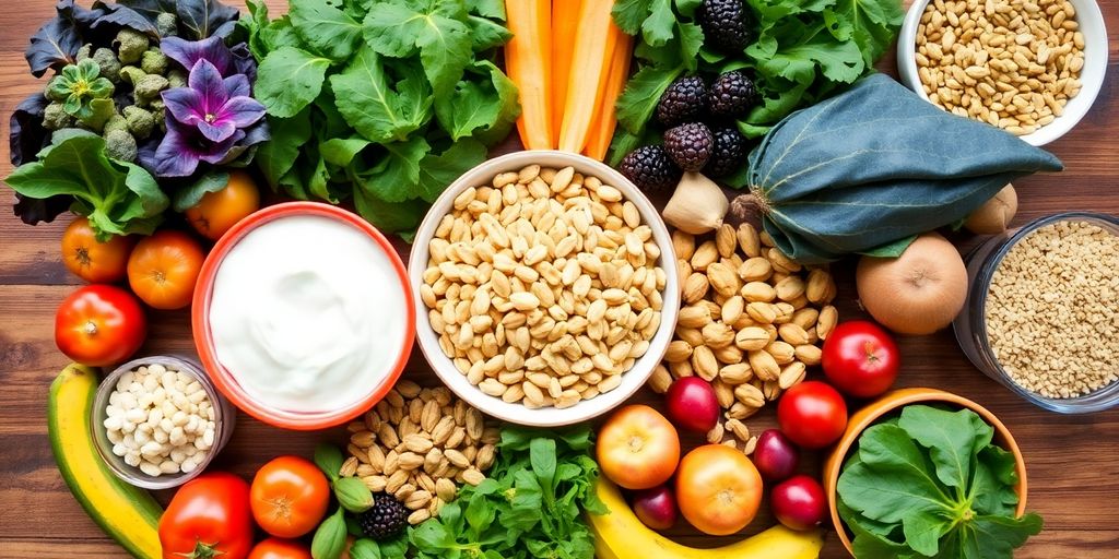 Healthy foods for postpartum recovery on a wooden table.