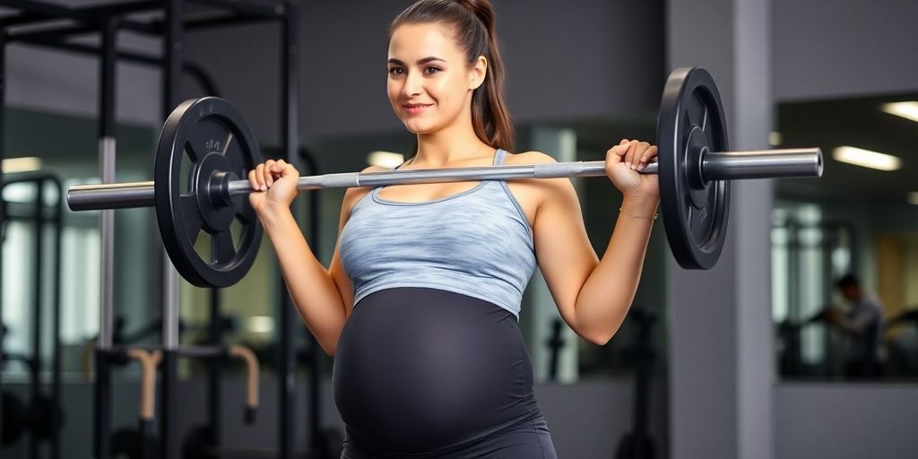Pregnant woman lifting barbell in gym attire.