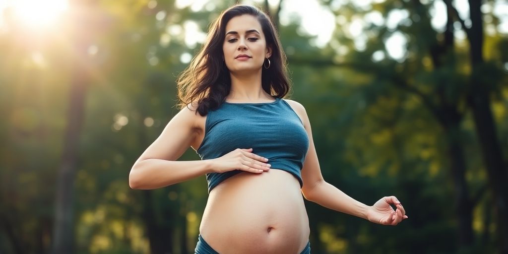 Mother practicing yoga outdoors to reduce belly size.