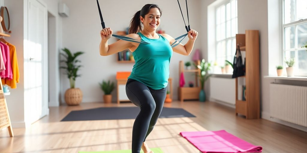 New mom exercising with resistance bands in a bright room.