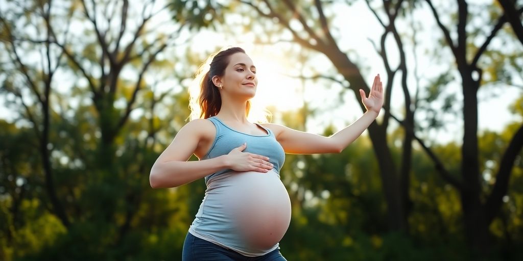 Pregnant woman doing yoga in a serene outdoor setting.