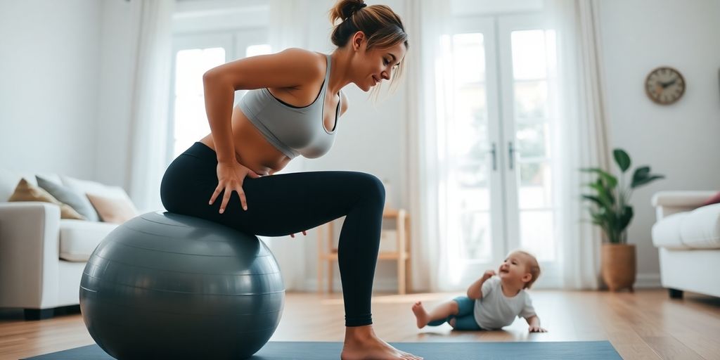 Mother exercising postpartum in a bright room with baby.