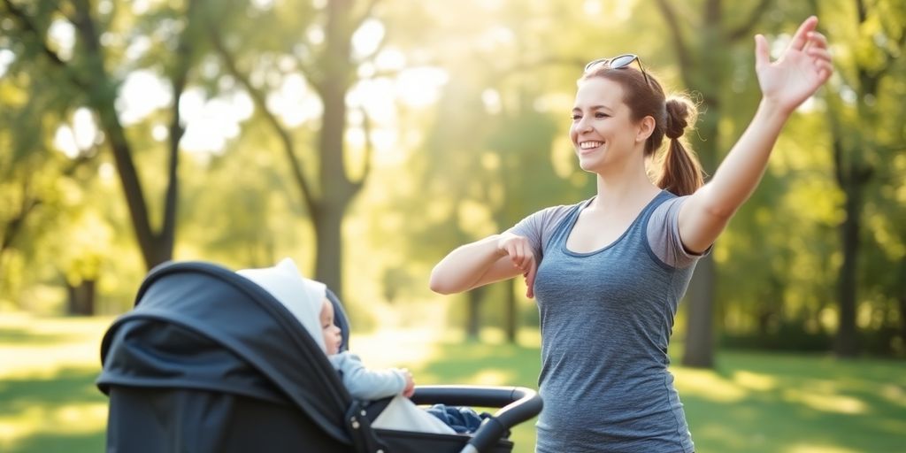 New mom exercising outdoors with baby in stroller.