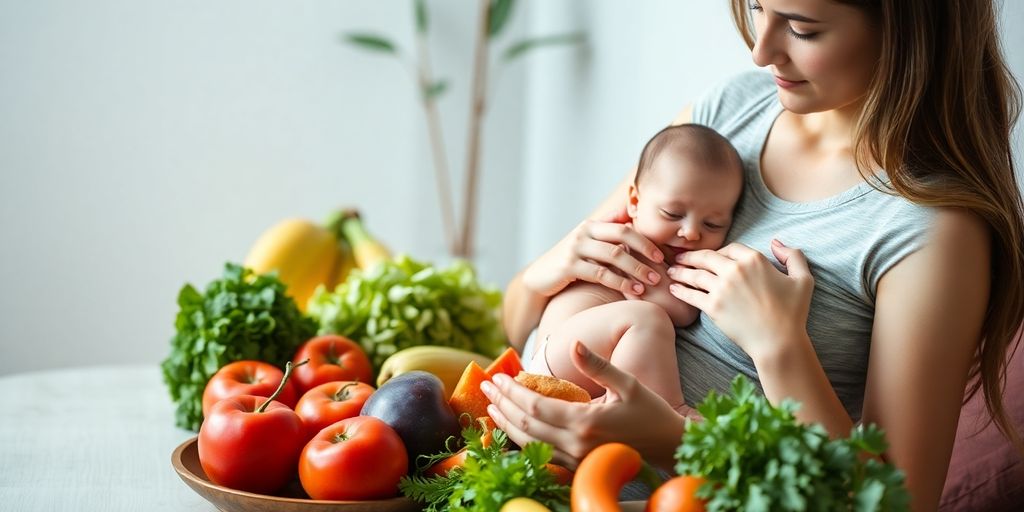 Mother breastfeeding with healthy food around her.