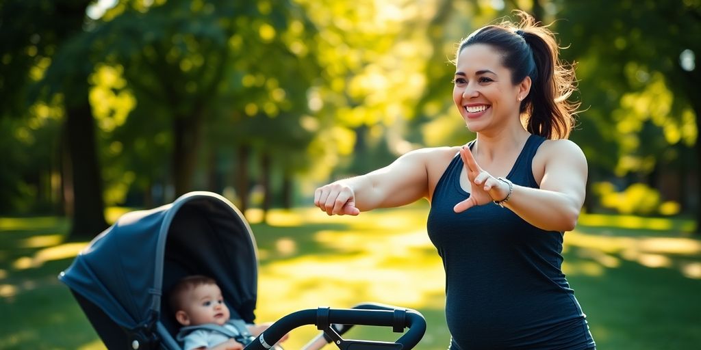 New mom exercising outdoors with baby stroller nearby.