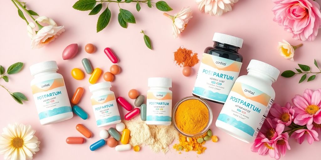 Colorful postpartum weight loss supplements on a pastel background.