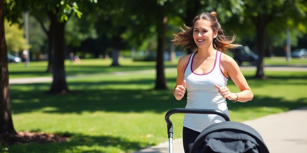 Mother jogging with stroller in a sunny park.