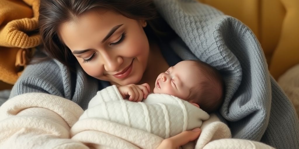 A parent cradling a sleeping baby in soft blankets.