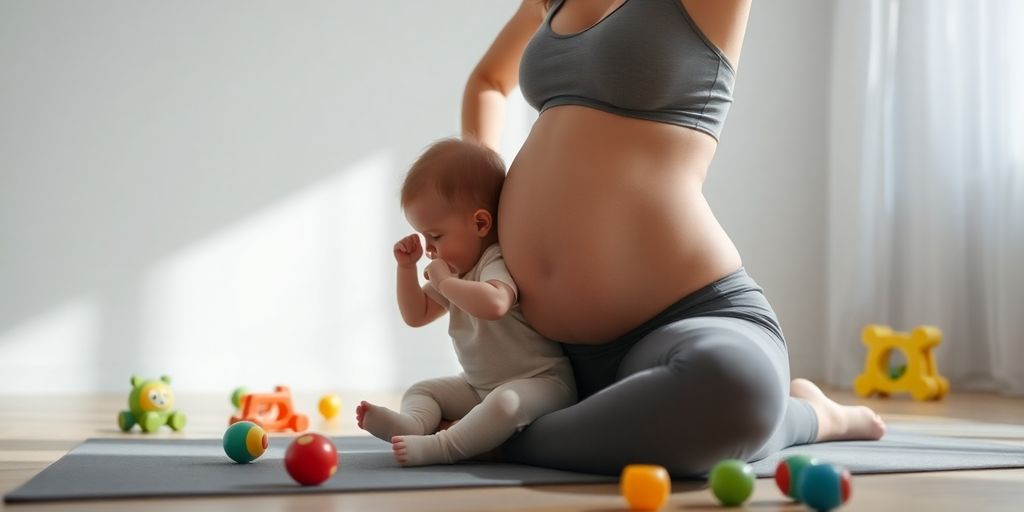 Mother exercising on a yoga mat with baby toys nearby.