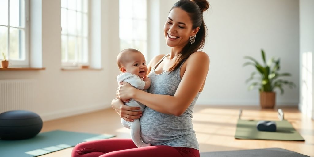 Postpartum mother exercising with baby in bright room.