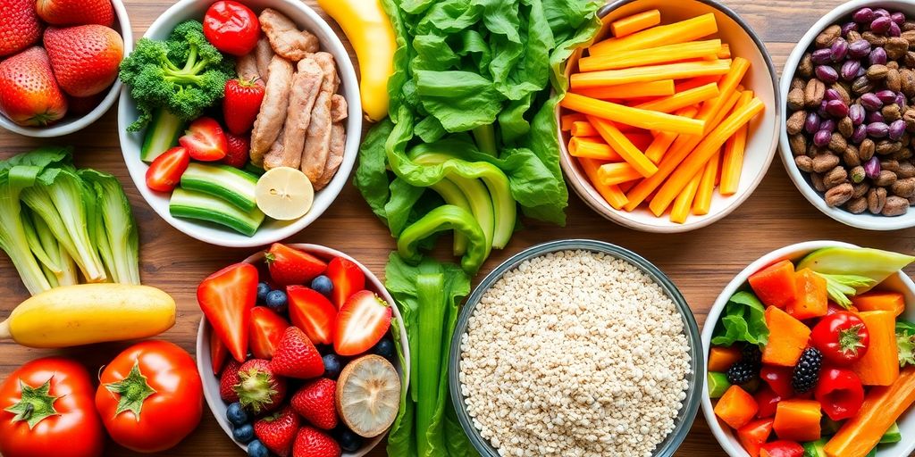 Colorful healthy postpartum meals on a wooden table.