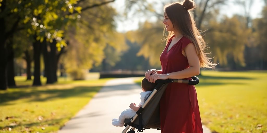 New mom walking with stroller in a sunny park.