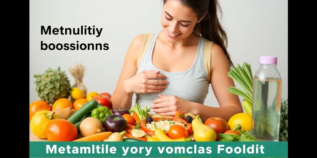 Breastfeeding mother with healthy foods for metabolism boost.