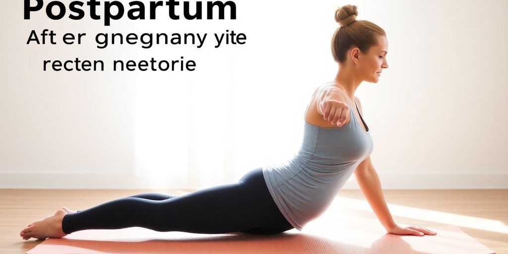 Postpartum exercise with a woman on a yoga mat.