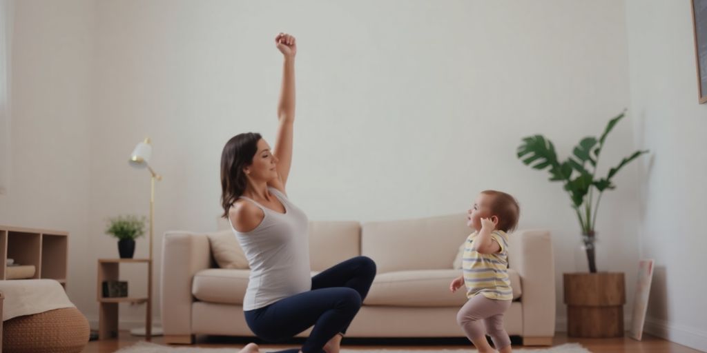 Mother exercising at home with her baby nearby.